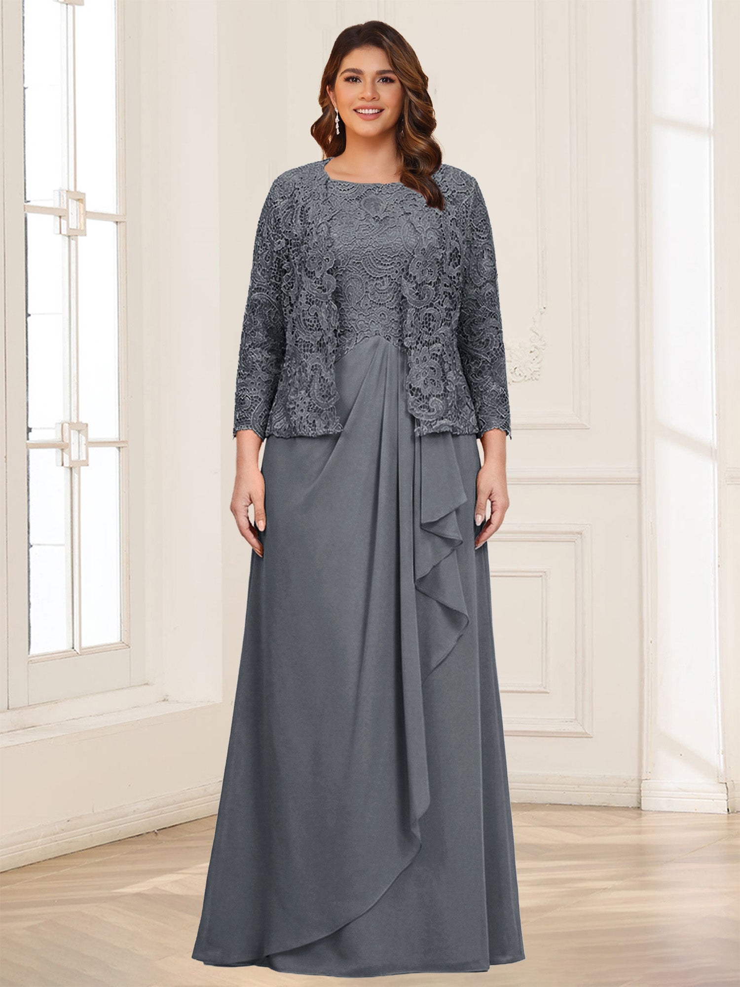 Lace Chiffon Square Neck 3/4 Sleeves 2 Pieces Plus Size Mother of the Bride Dresses with Appliques & Jacket