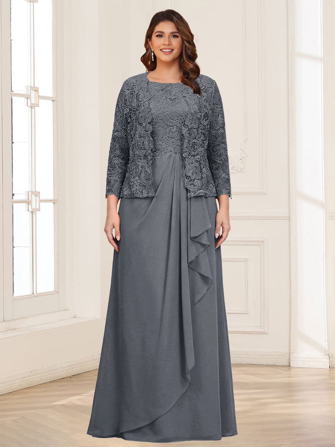 Lace Chiffon Square Neck 3/4 Sleeves 2 Pieces Plus Size Mother of the Bride Dresses with Appliques &amp; Jacket