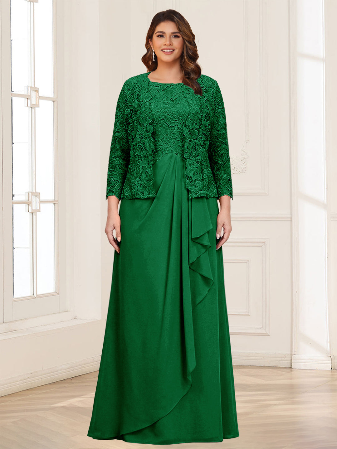 Lace Chiffon Square Neck 3/4 Sleeves 2 Pieces Plus Size Mother of the Bride Dresses with Appliques &amp; Jacket