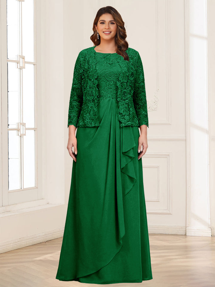 Lace Chiffon Square Neck 3/4 Sleeves 2 Pieces Plus Size Mother of the Bride Dresses with Appliques &amp; Jacket