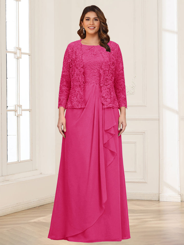 Lace Chiffon Square Neck 3/4 Sleeves 2 Pieces Plus Size Mother of the Bride Dresses with Appliques &amp; Jacket