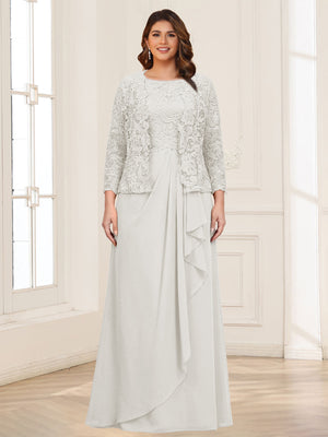 Lace Chiffon Square Neck 3/4 Sleeves 2 Pieces Plus Size Mother of the Bride Dresses with Appliques & Jacket