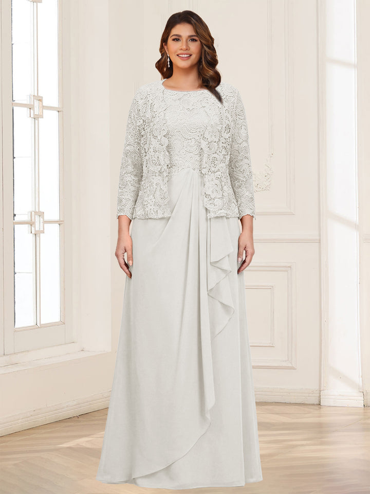 Lace Chiffon Square Neck 3/4 Sleeves 2 Pieces Plus Size Mother of the Bride Dresses with Appliques &amp; Jacket