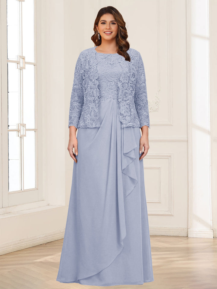 Lace Chiffon Square Neck 3/4 Sleeves 2 Pieces Plus Size Mother of the Bride Dresses with Appliques &amp; Jacket