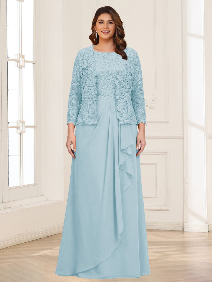 Lace Chiffon Square Neck 3/4 Sleeves 2 Pieces Plus Size Mother of the Bride Dresses with Appliques &amp; Jacket