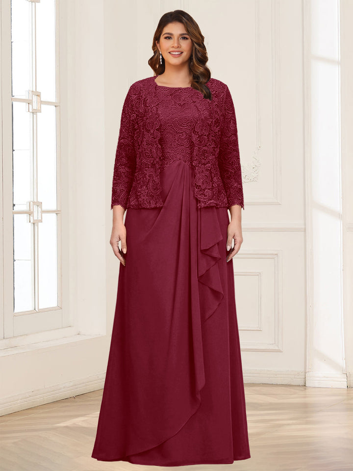 Lace Chiffon Square Neck 3/4 Sleeves 2 Pieces Plus Size Mother of the Bride Dresses with Appliques &amp; Jacket