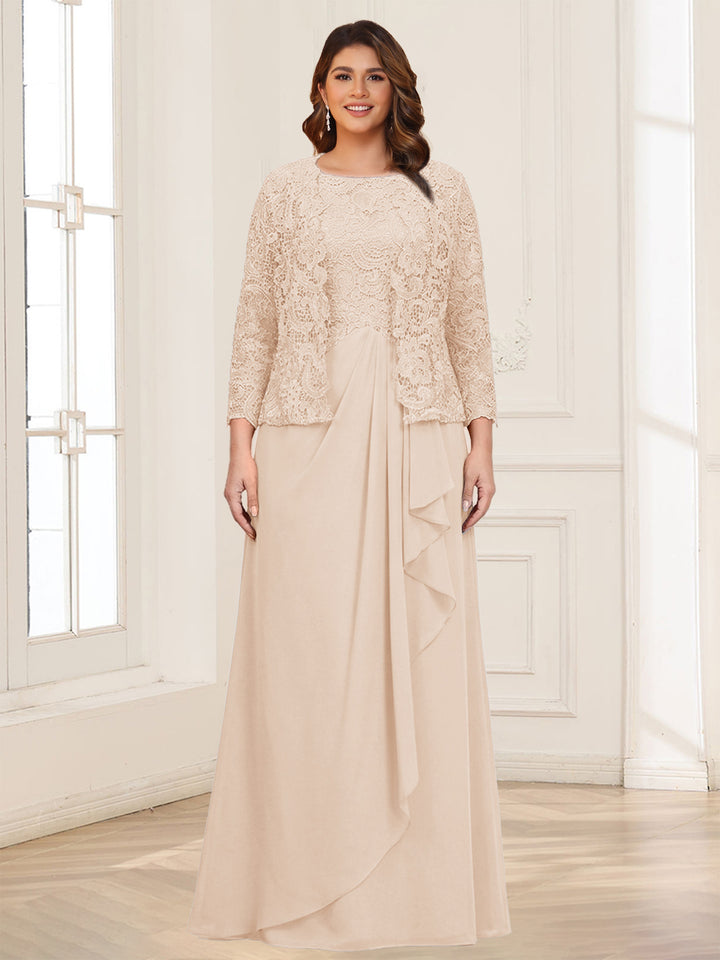 Lace Chiffon Square Neck 3/4 Sleeves 2 Pieces Plus Size Mother of the Bride Dresses with Appliques &amp; Jacket