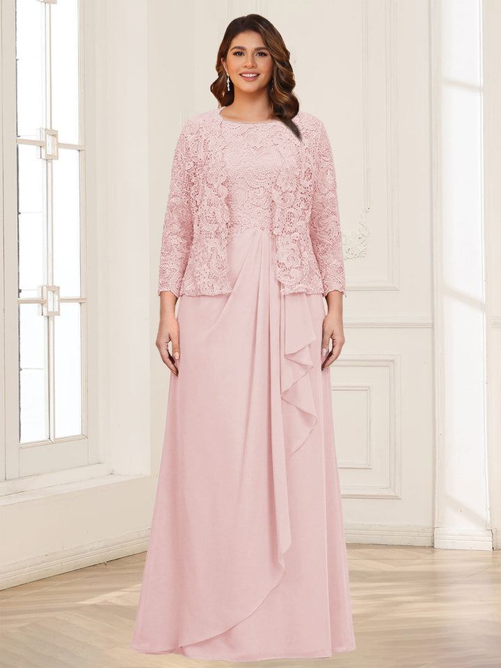 Lace Chiffon Square Neck 3/4 Sleeves 2 Pieces Plus Size Mother of the Bride Dresses with Appliques &amp; Jacket