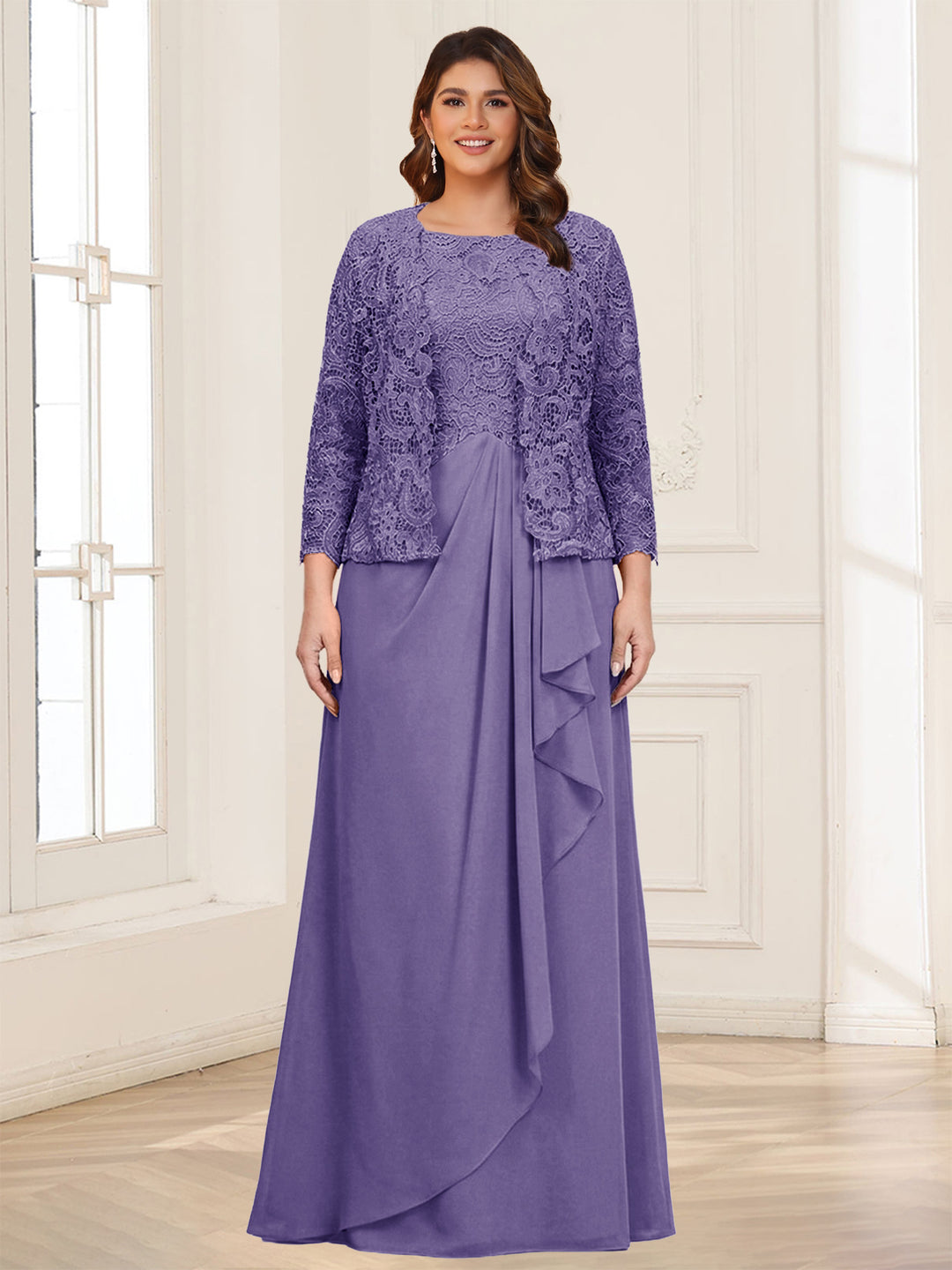 Lace Chiffon Square Neck 3/4 Sleeves 2 Pieces Plus Size Mother of the Bride Dresses with Appliques &amp; Jacket