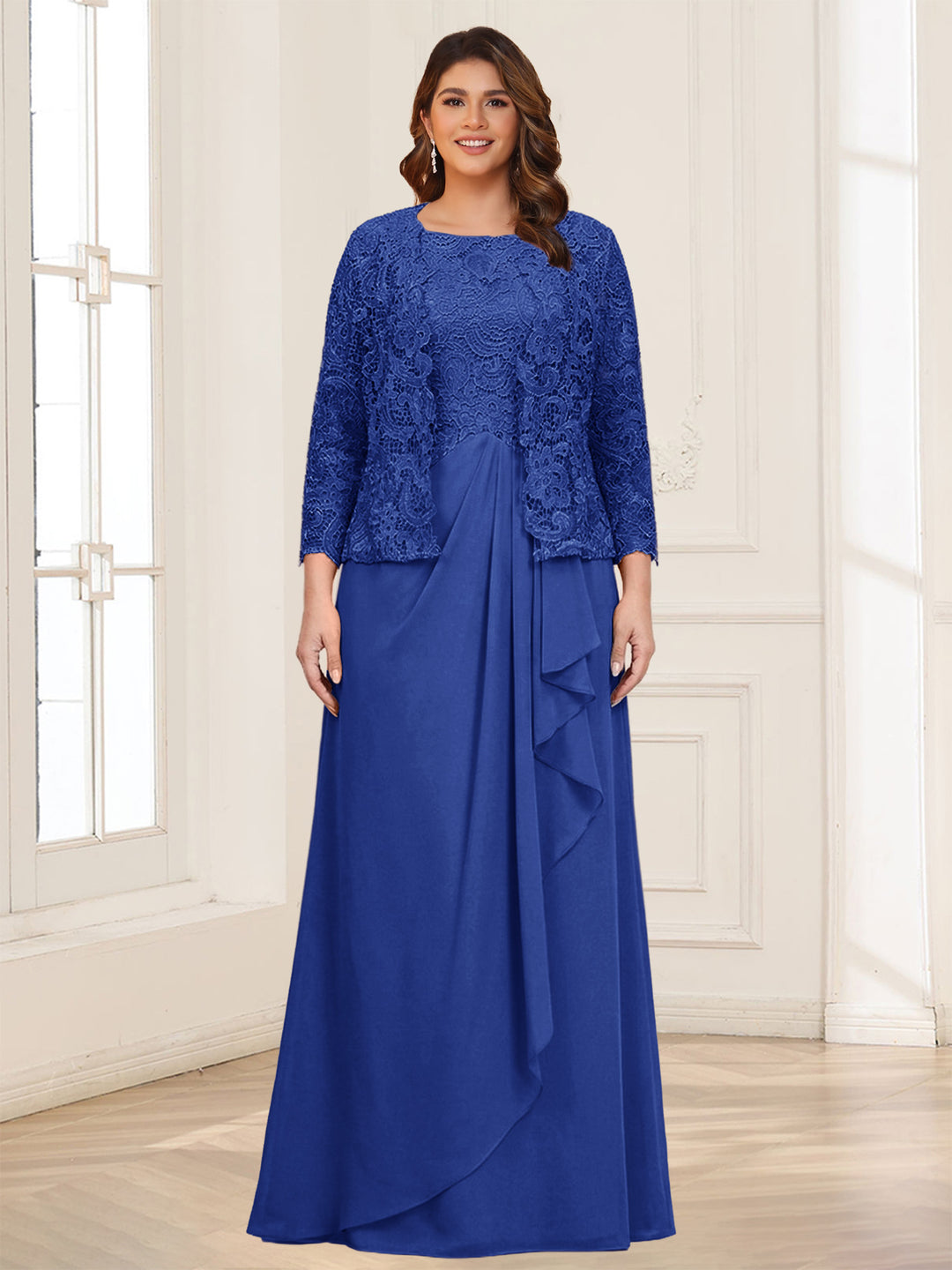 Lace Chiffon Square Neck 3/4 Sleeves 2 Pieces Plus Size Mother of the Bride Dresses with Appliques &amp; Jacket
