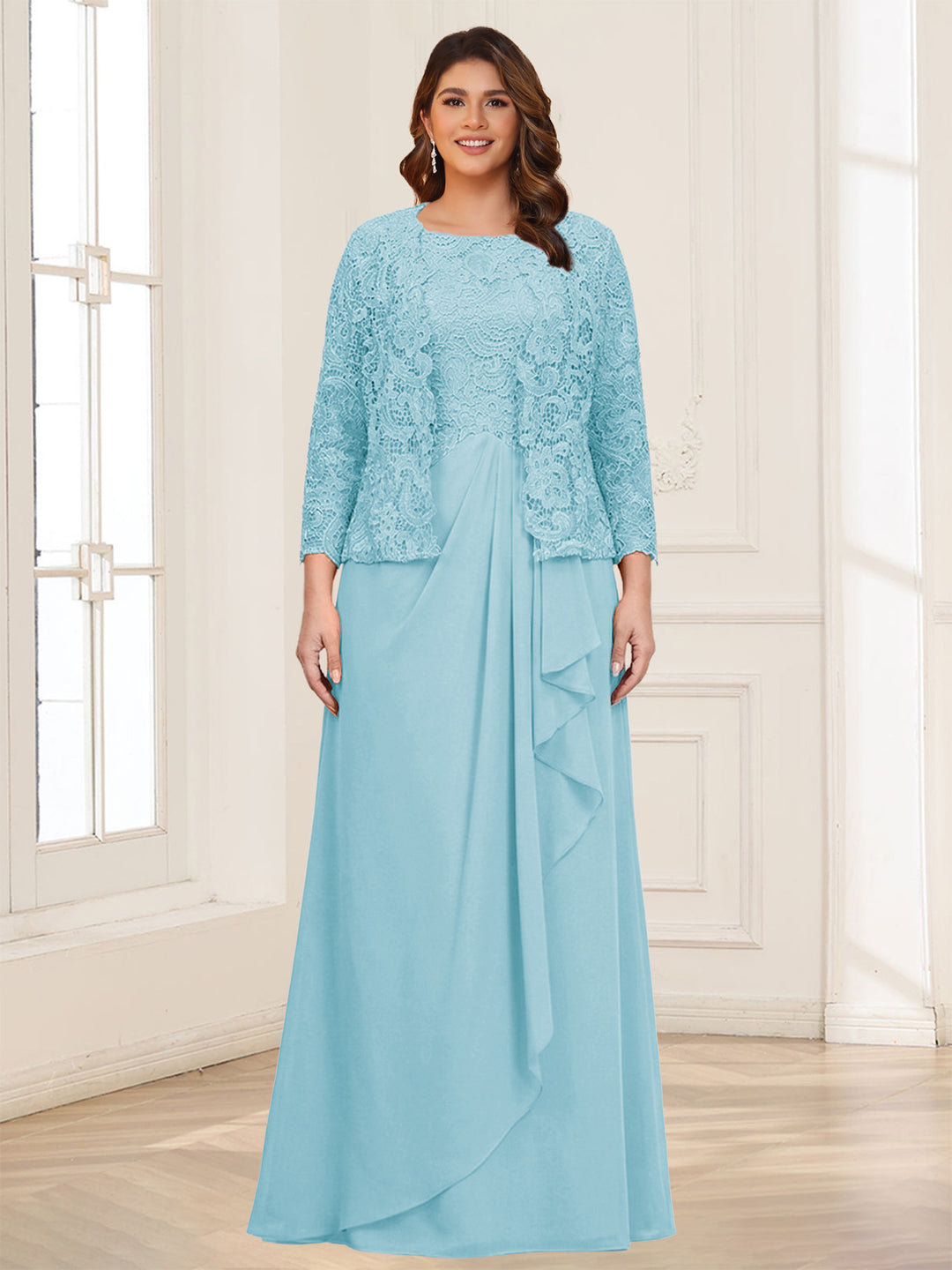 Lace Chiffon Square Neck 3/4 Sleeves 2 Pieces Plus Size Mother of the Bride Dresses with Appliques &amp; Jacket