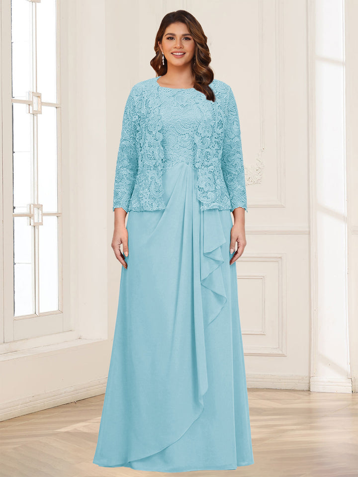 Lace Chiffon Square Neck 3/4 Sleeves 2 Pieces Plus Size Mother of the Bride Dresses with Appliques &amp; Jacket