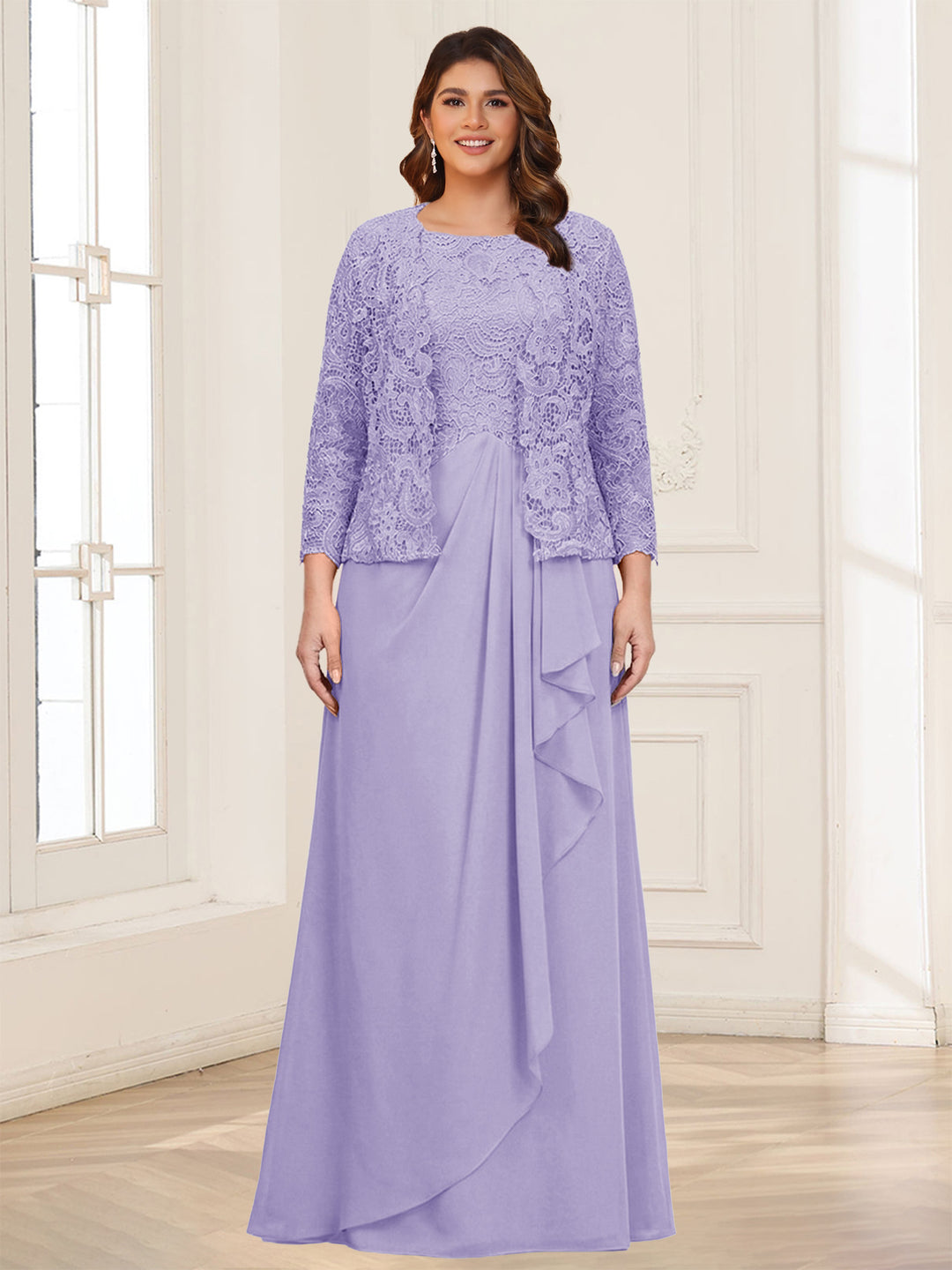 Lace Chiffon Square Neck 3/4 Sleeves 2 Pieces Plus Size Mother of the Bride Dresses with Appliques &amp; Jacket
