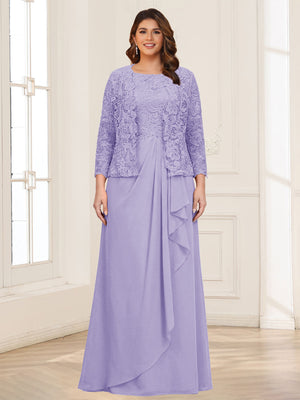 Lace Chiffon Square Neck 3/4 Sleeves 2 Pieces Plus Size Mother of the Bride Dresses with Appliques & Jacket