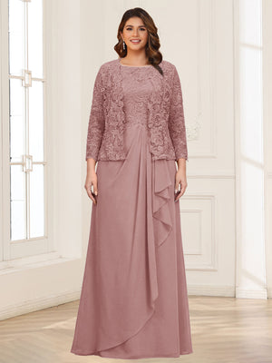 Lace Chiffon Square Neck 3/4 Sleeves 2 Pieces Plus Size Mother of the Bride Dresses with Appliques & Jacket