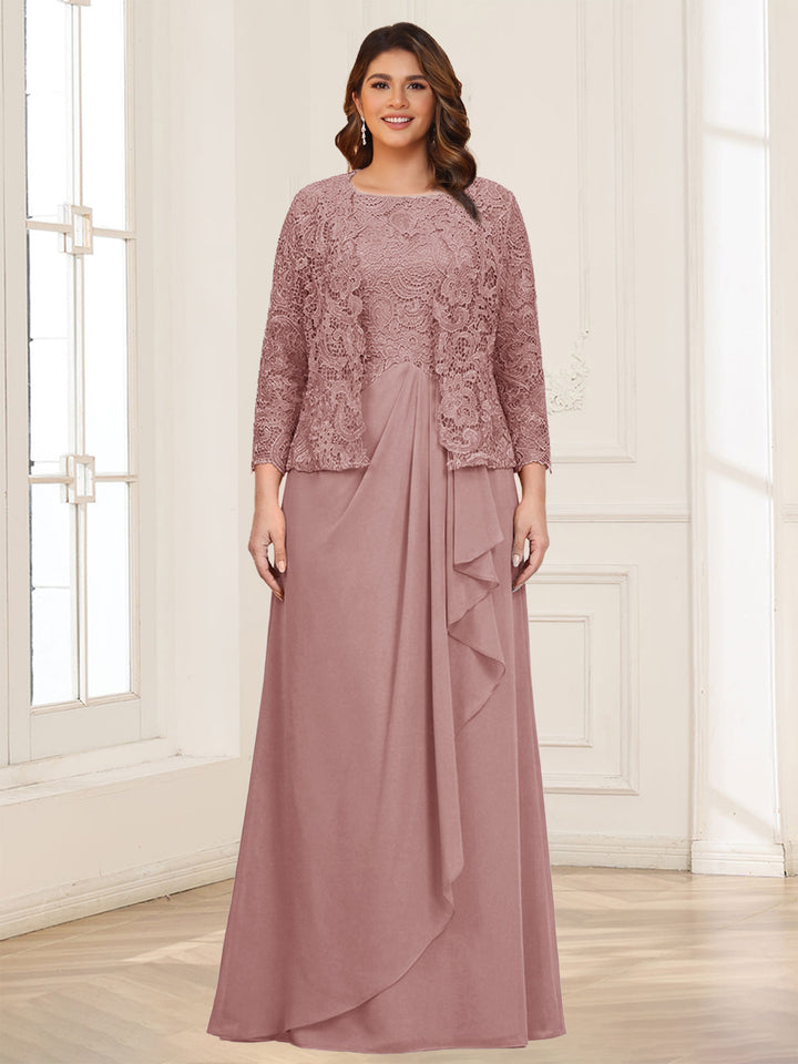 Lace Chiffon Square Neck 3/4 Sleeves 2 Pieces Plus Size Mother of the Bride Dresses with Appliques &amp; Jacket