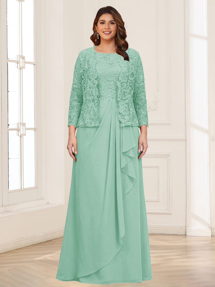 Lace Chiffon Square Neck 3/4 Sleeves 2 Pieces Plus Size Mother of the Bride Dresses with Appliques &amp; Jacket