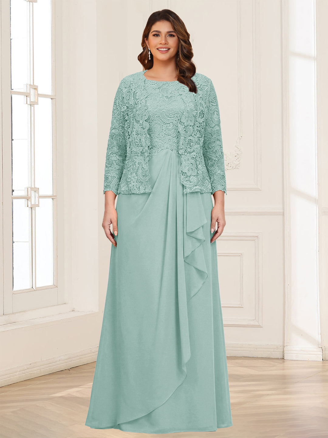 Lace Chiffon Square Neck 3/4 Sleeves 2 Pieces Plus Size Mother of the Bride Dresses with Appliques &amp; Jacket