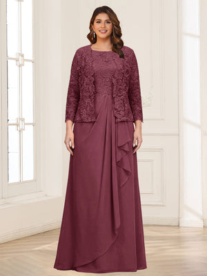 Lace Chiffon Square Neck 3/4 Sleeves 2 Pieces Plus Size Mother of the Bride Dresses with Appliques & Jacket