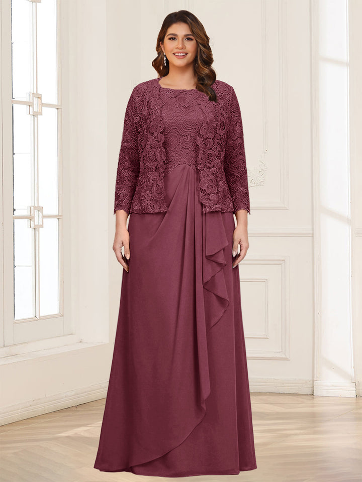 Lace Chiffon Square Neck 3/4 Sleeves 2 Pieces Plus Size Mother of the Bride Dresses with Appliques &amp; Jacket