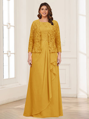 Lace Chiffon Square Neck 3/4 Sleeves 2 Pieces Plus Size Mother of the Bride Dresses with Appliques & Jacket
