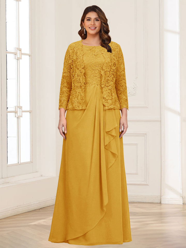 Lace Chiffon Square Neck 3/4 Sleeves 2 Pieces Plus Size Mother of the Bride Dresses with Appliques &amp; Jacket