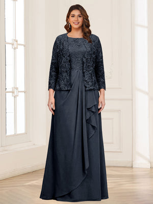 Lace Chiffon Square Neck 3/4 Sleeves 2 Pieces Plus Size Mother of the Bride Dresses with Appliques & Jacket