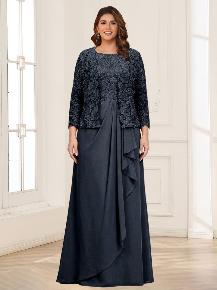 Lace Chiffon Square Neck 3/4 Sleeves 2 Pieces Plus Size Mother of the Bride Dresses with Appliques &amp; Jacket