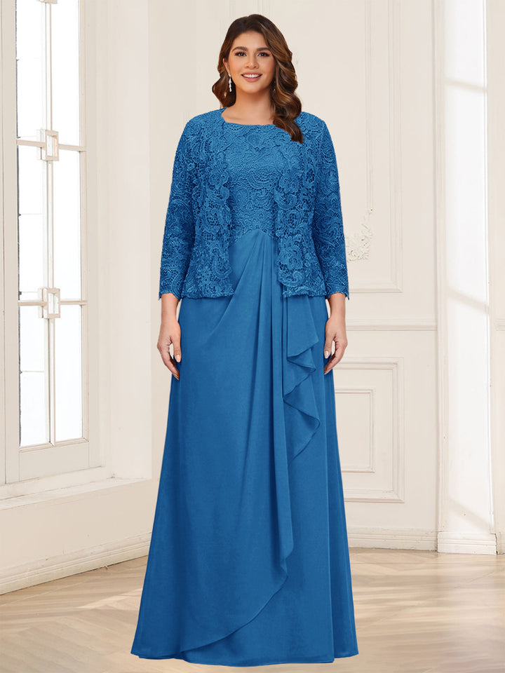 Lace Chiffon Square Neck 3/4 Sleeves 2 Pieces Plus Size Mother of the Bride Dresses with Appliques &amp; Jacket