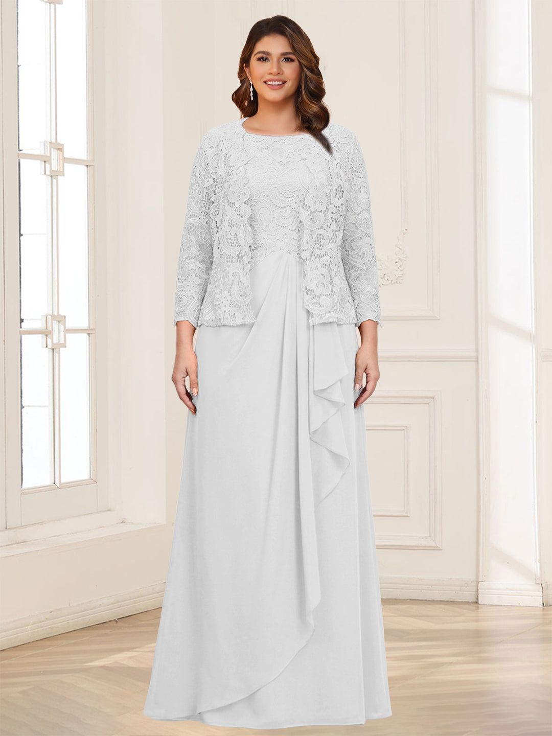 Lace Chiffon Square Neck 3/4 Sleeves 2 Pieces Plus Size Mother of the Bride Dresses with Appliques &amp; Jacket