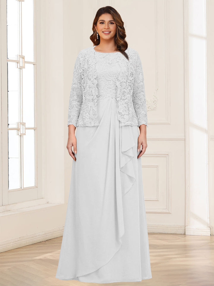 Lace Chiffon Square Neck 3/4 Sleeves 2 Pieces Plus Size Mother of the Bride Dresses with Appliques &amp; Jacket