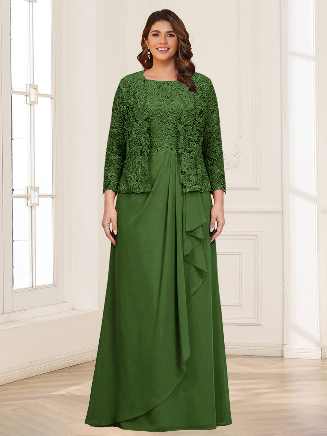 Lace Chiffon Square Neck 3/4 Sleeves 2 Pieces Plus Size Mother of the Bride Dresses with Appliques &amp; Jacket