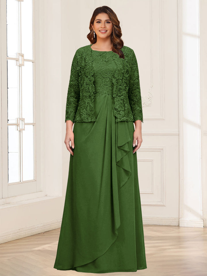 Lace Chiffon Square Neck 3/4 Sleeves 2 Pieces Plus Size Mother of the Bride Dresses with Appliques &amp; Jacket