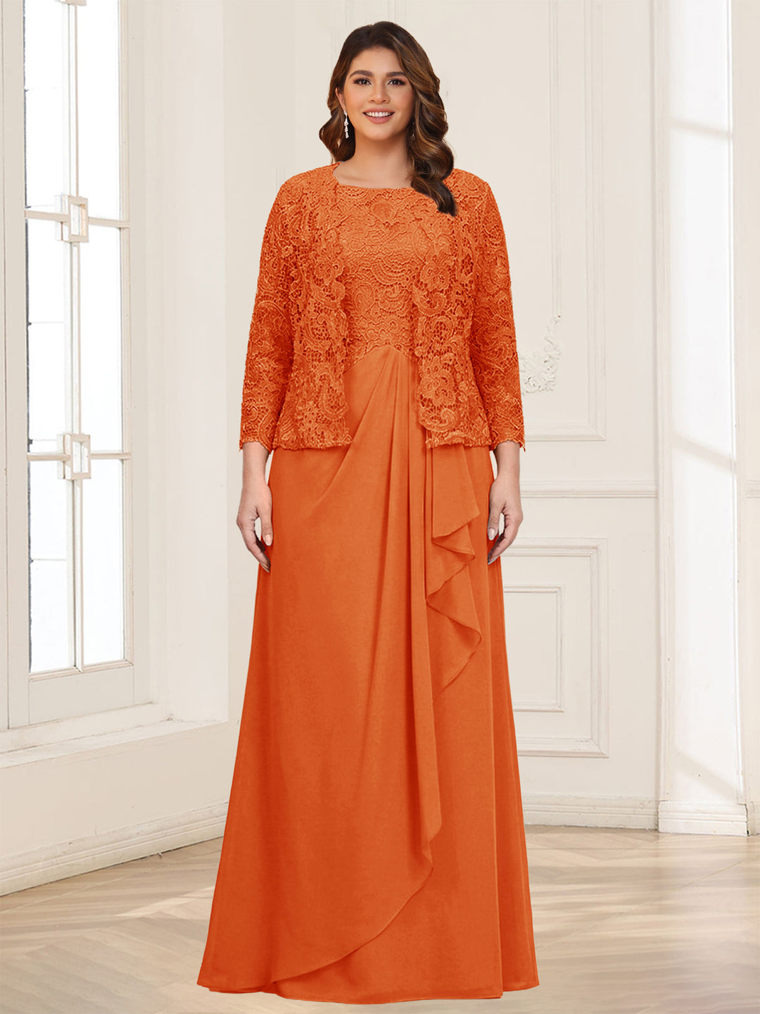 Lace Chiffon Square Neck 3/4 Sleeves 2 Pieces Plus Size Mother of the Bride Dresses with Appliques &amp; Jacket
