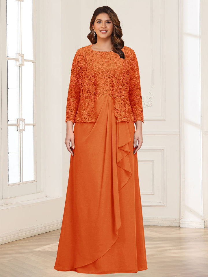 Lace Chiffon Square Neck 3/4 Sleeves 2 Pieces Plus Size Mother of the Bride Dresses with Appliques &amp; Jacket