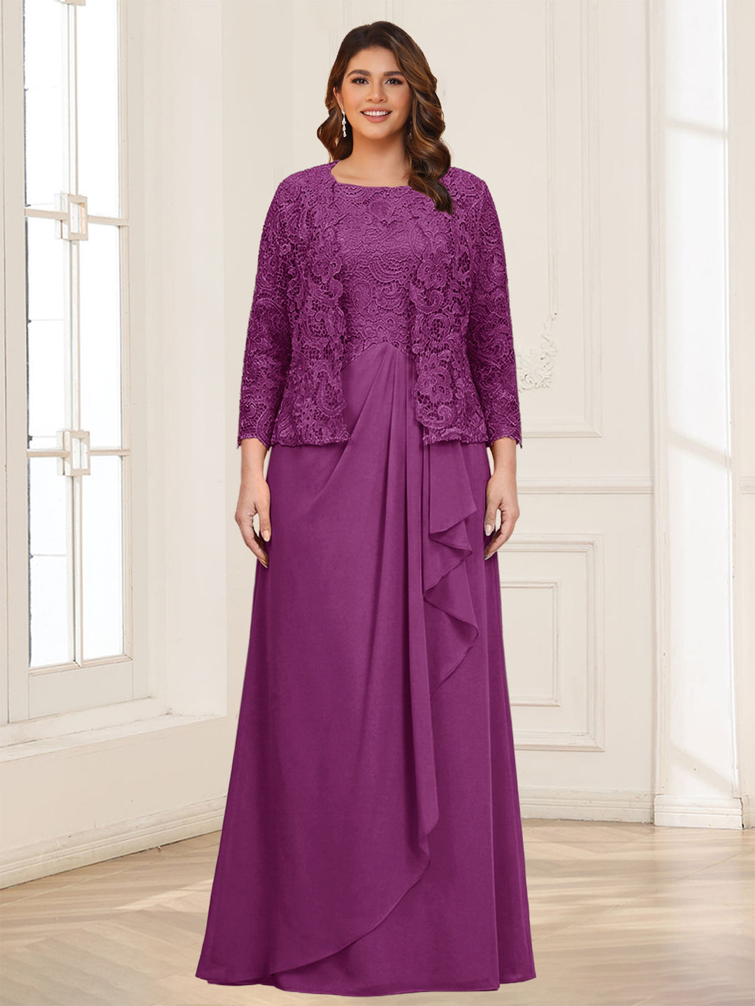 Lace Chiffon Square Neck 3/4 Sleeves 2 Pieces Plus Size Mother of the Bride Dresses with Appliques &amp; Jacket