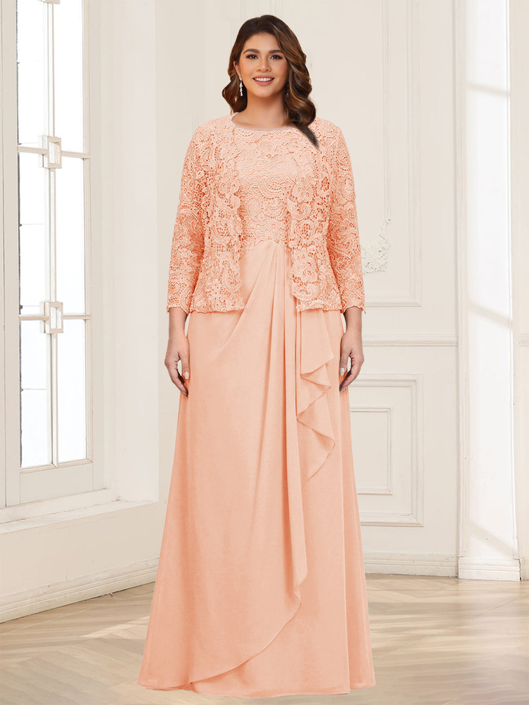 Lace Chiffon Square Neck 3/4 Sleeves 2 Pieces Plus Size Mother of the Bride Dresses with Appliques &amp; Jacket