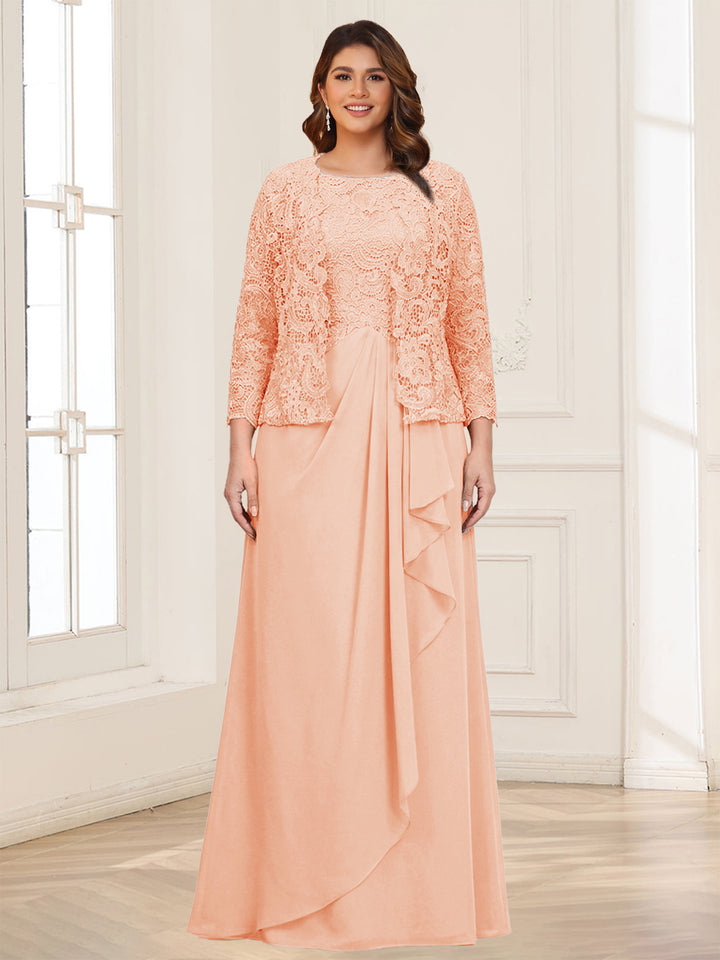Lace Chiffon Square Neck 3/4 Sleeves 2 Pieces Plus Size Mother of the Bride Dresses with Appliques &amp; Jacket