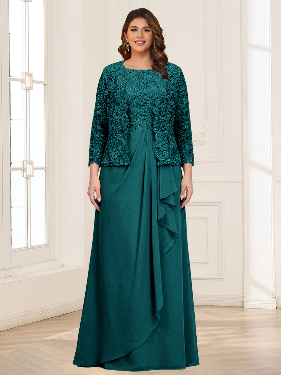 Lace Chiffon Square Neck 3/4 Sleeves 2 Pieces Plus Size Mother of the Bride Dresses with Appliques &amp; Jacket