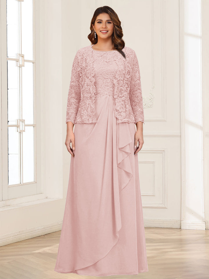 Lace Chiffon Square Neck 3/4 Sleeves 2 Pieces Plus Size Mother of the Bride Dresses with Appliques &amp; Jacket