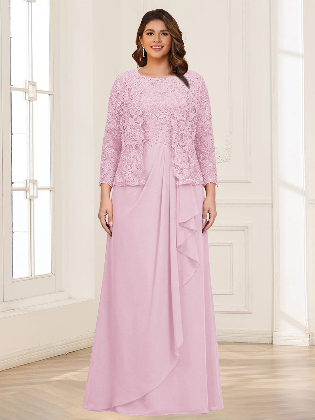 Lace Chiffon Square Neck 3/4 Sleeves 2 Pieces Plus Size Mother of the Bride Dresses with Appliques &amp; Jacket