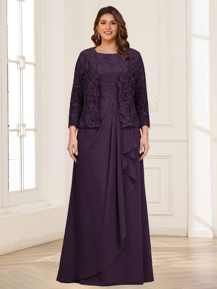 Lace Chiffon Square Neck 3/4 Sleeves 2 Pieces Plus Size Mother of the Bride Dresses with Appliques &amp; Jacket