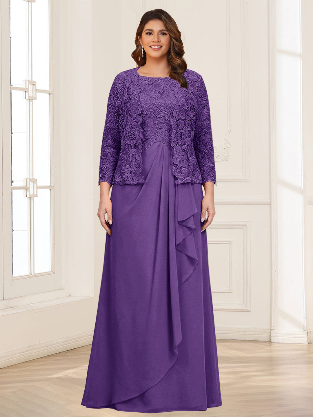 Lace Chiffon Square Neck 3/4 Sleeves 2 Pieces Plus Size Mother of the Bride Dresses with Appliques &amp; Jacket