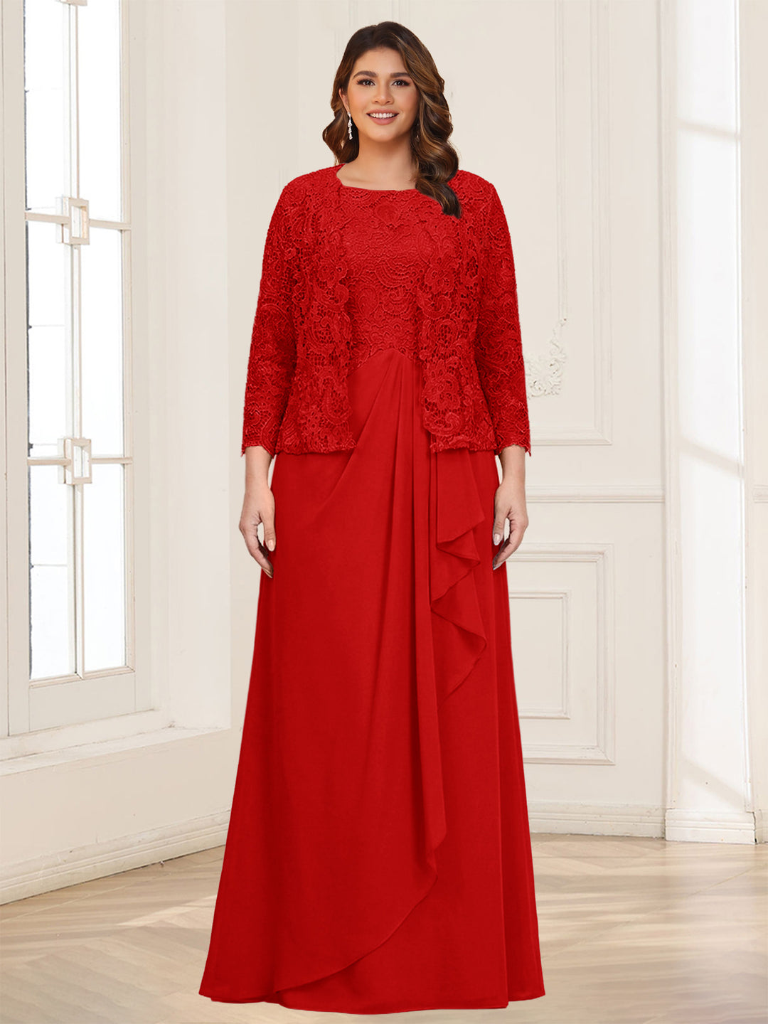 Lace Chiffon Square Neck 3/4 Sleeves 2 Pieces Plus Size Mother of the Bride Dresses with Appliques &amp; Jacket