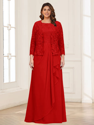 Lace Chiffon Square Neck 3/4 Sleeves 2 Pieces Plus Size Mother of the Bride Dresses with Appliques & Jacket
