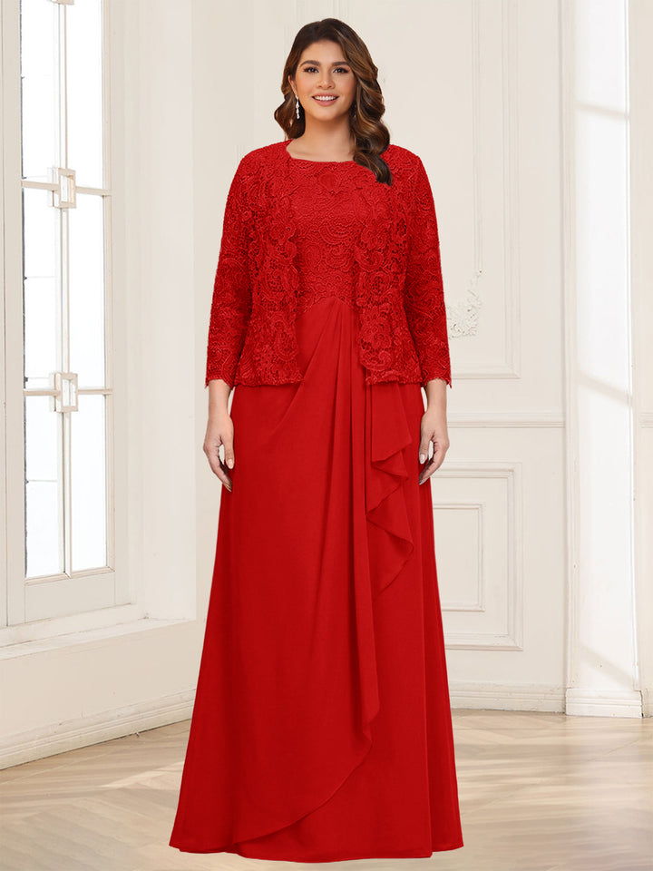 Lace Chiffon Square Neck 3/4 Sleeves 2 Pieces Plus Size Mother of the Bride Dresses with Appliques &amp; Jacket