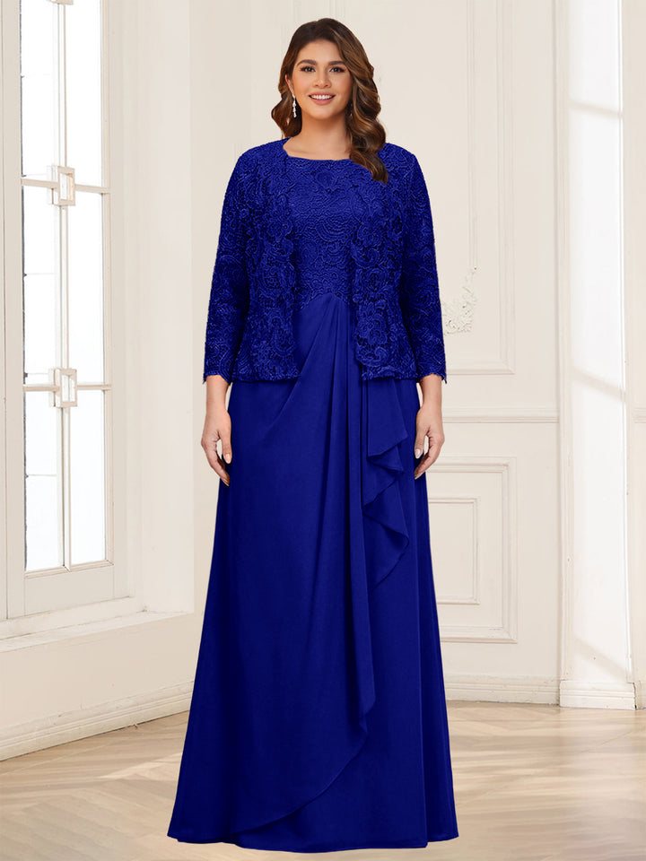 Lace Chiffon Square Neck 3/4 Sleeves 2 Pieces Plus Size Mother of the Bride Dresses with Appliques &amp; Jacket