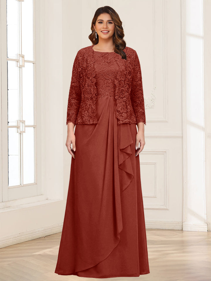 Lace Chiffon Square Neck 3/4 Sleeves 2 Pieces Plus Size Mother of the Bride Dresses with Appliques &amp; Jacket