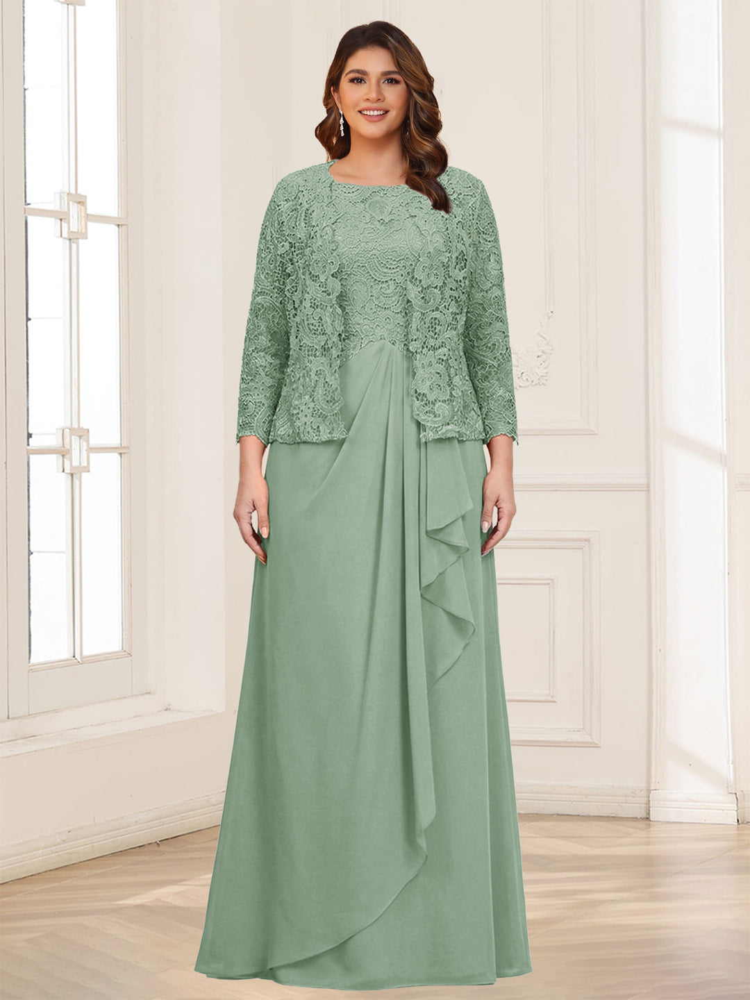 Lace Chiffon Square Neck 3/4 Sleeves 2 Pieces Plus Size Mother of the Bride Dresses with Appliques &amp; Jacket