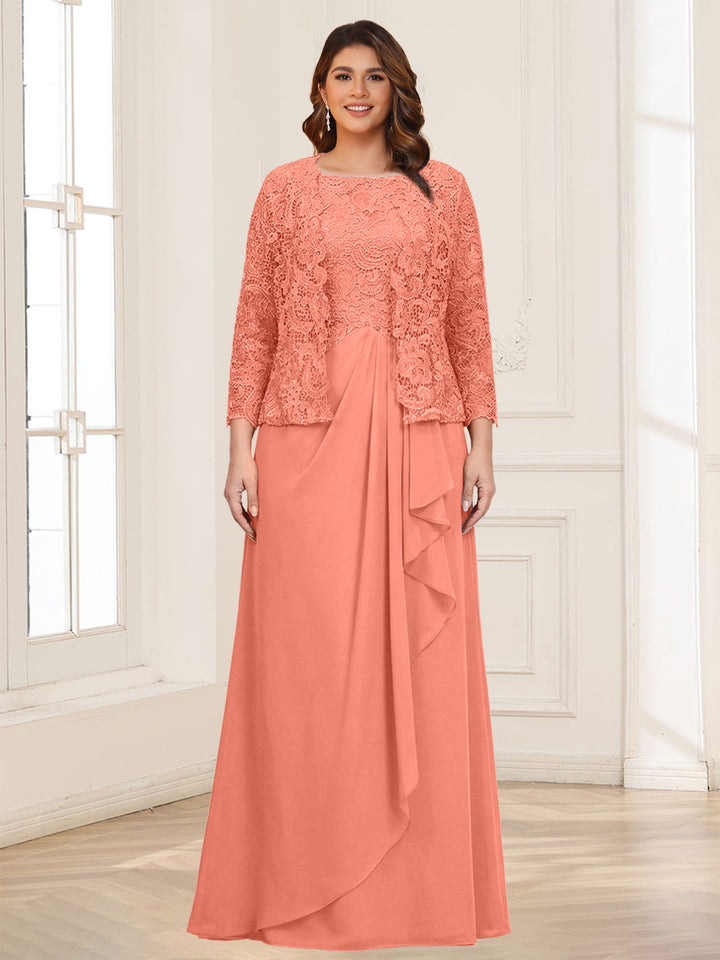 Lace Chiffon Square Neck 3/4 Sleeves 2 Pieces Plus Size Mother of the Bride Dresses with Appliques &amp; Jacket